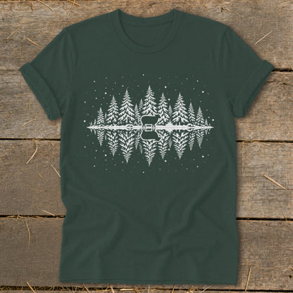 White graphic of a forest with a sheep silhouette reflected in water and an abstract guitar shape.