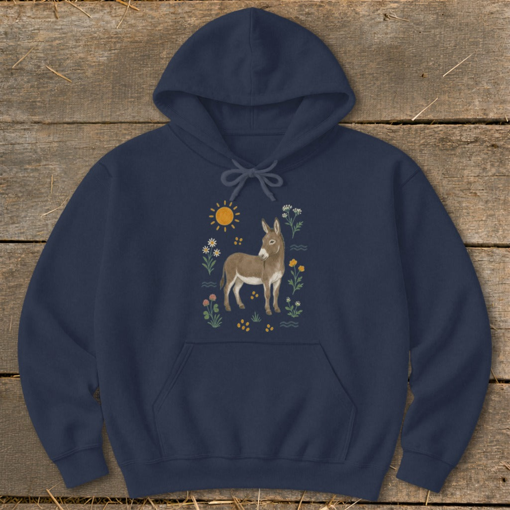 Navy hoodie with a graphic of a donkey surrounded by flowers and a sun.