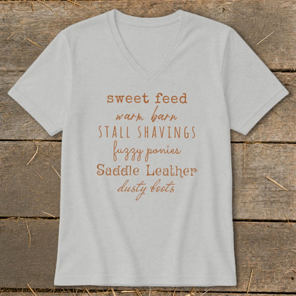 Light grey v-neck t-shirt with equestrian-themed text.