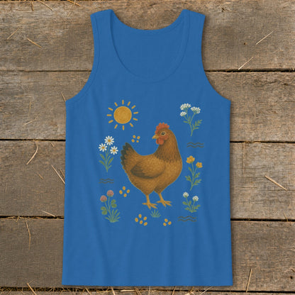 Blue tank top with a brown chicken surrounded by flowers, sunshine, and dots.