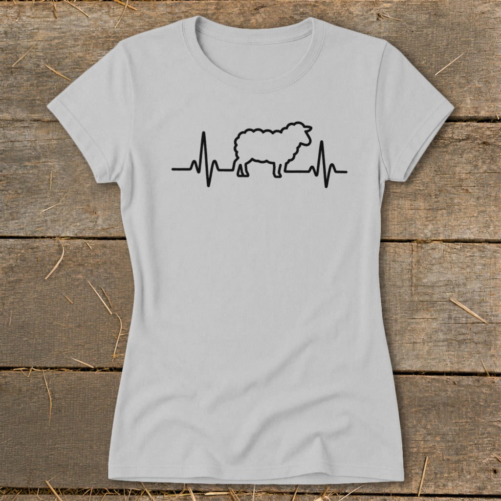 Light gray women's t-shirt featuring a black heartbeat line graphic with a sheep silhouette.