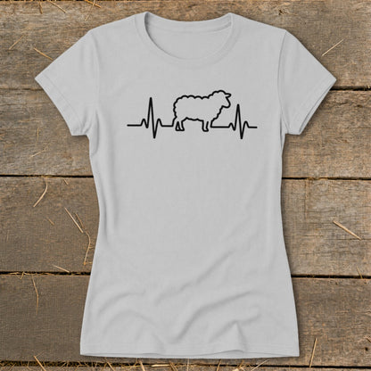 Light gray women's t-shirt featuring a black heartbeat line graphic with a sheep silhouette.