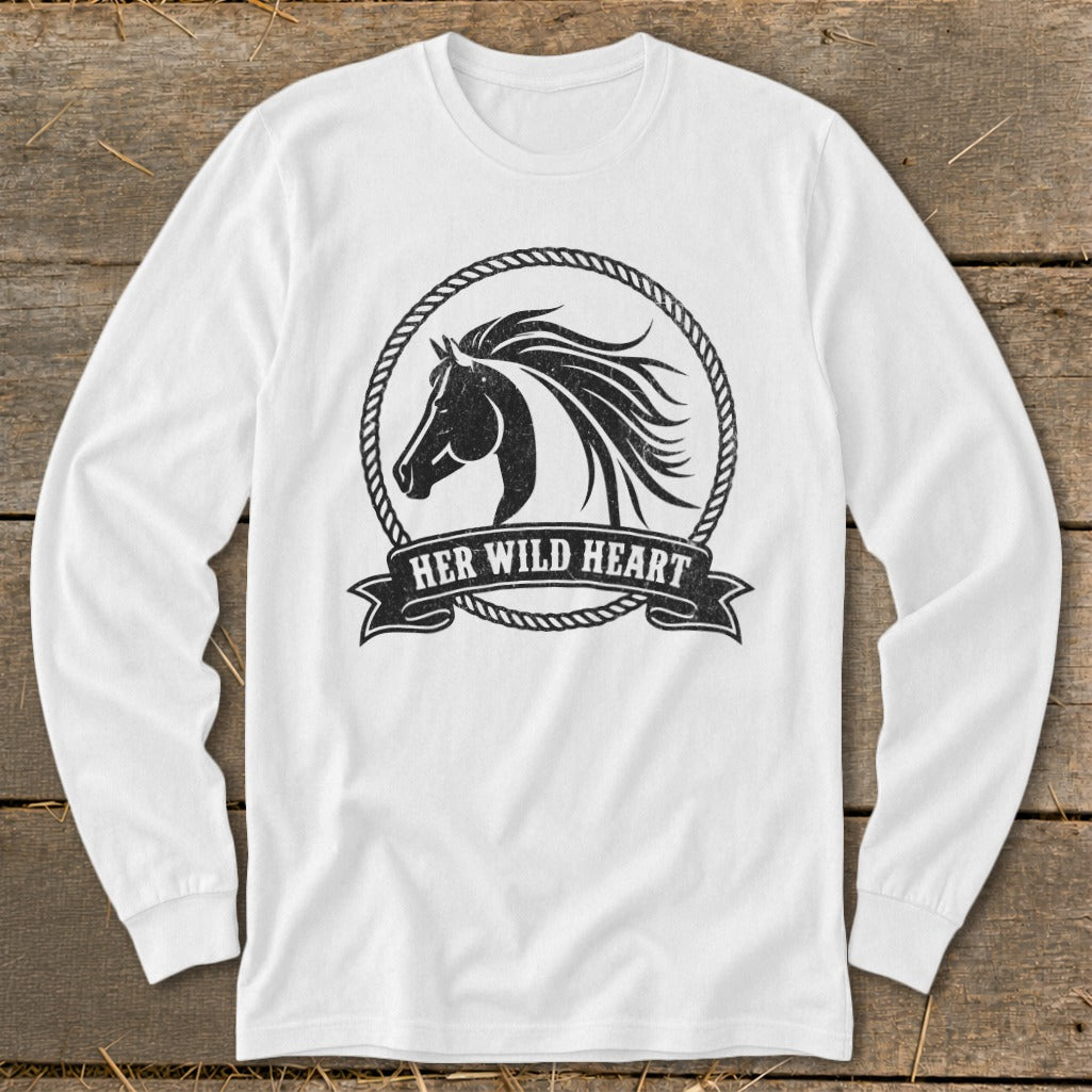 White long-sleeve shirt with a distressed graphic of a horse head and the text "HER WILD HEART".