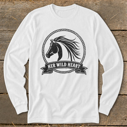 White long-sleeve shirt with a distressed graphic of a horse head and the text "HER WILD HEART".