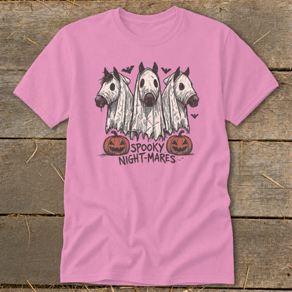 Three horses wearing ghost costumes with pumpkins and bats, text reads "Spooky Night-Mares".