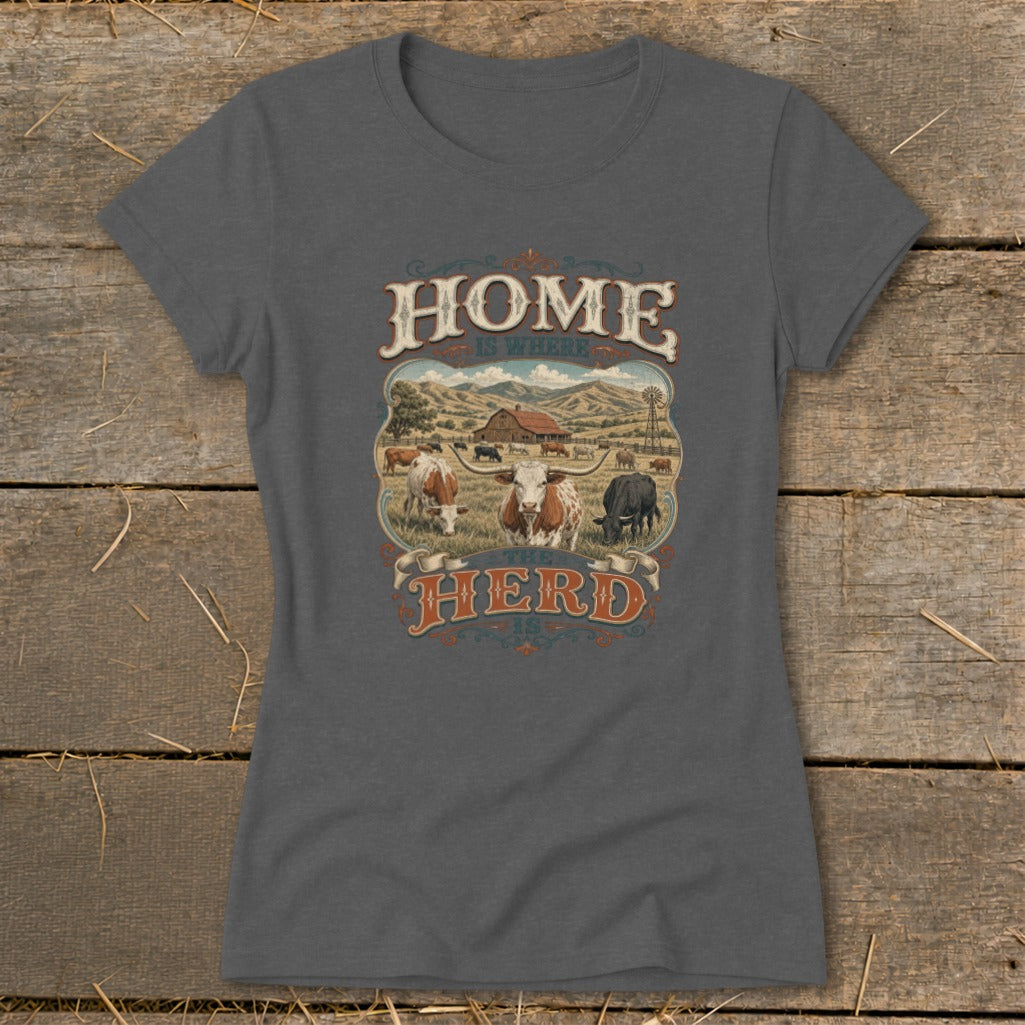 Dark grey t-shirt graphic with text "HOME IS WHERE THE HERD IS" and farm scene with cows.