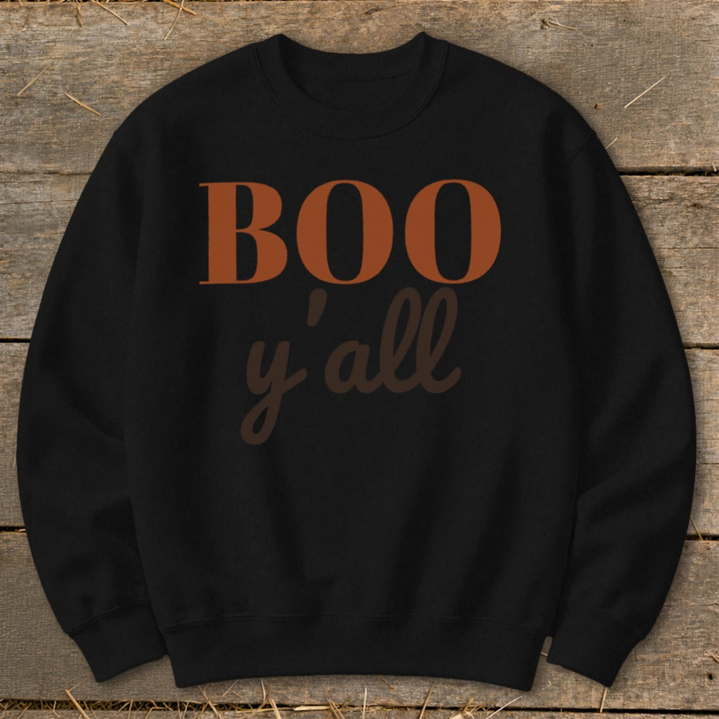 Black crewneck sweatshirt with "BOO y'all" text in orange and brown.