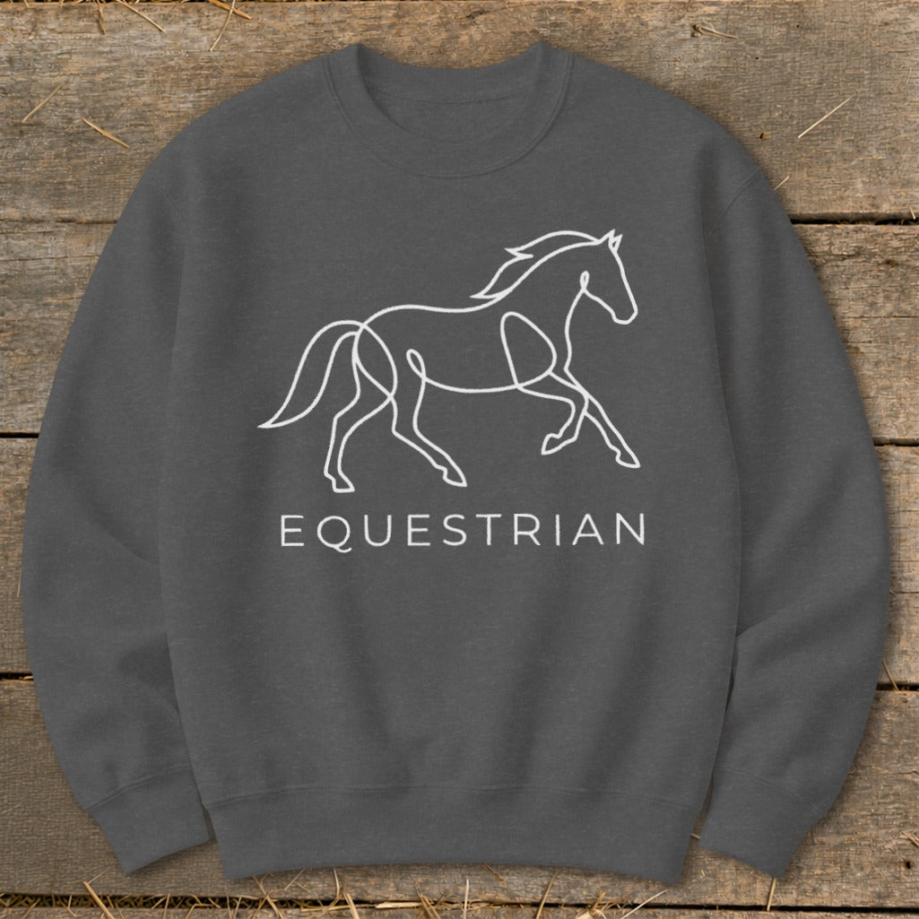 Dark grey sweatshirt with a white line art horse and the word EQUESTRIAN.