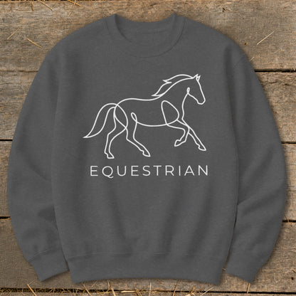 Dark grey sweatshirt with a white line art horse and the word EQUESTRIAN.