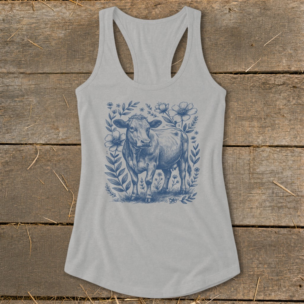 Gray tank top with blue cow and floral sketch design.