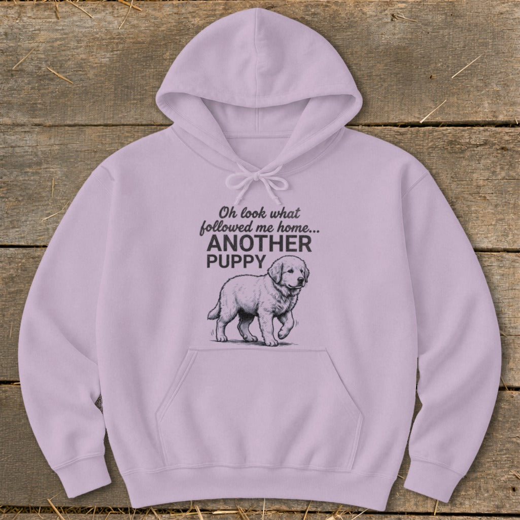 Light purple hoodie with "Oh look what followed me home... ANOTHER PUPPY" text and a puppy drawing.