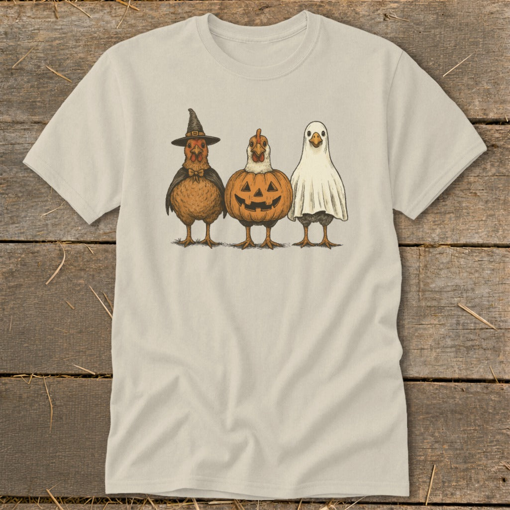 Three chickens dressed for Halloween: witch, pumpkin, and ghost costumes.