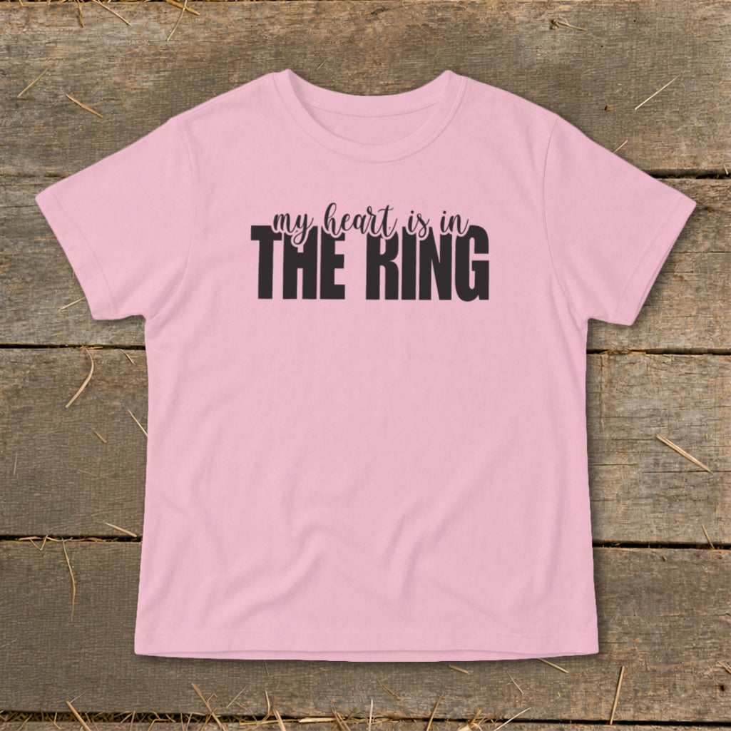 Pink t-shirt with black text "my heart is in THE RING".
