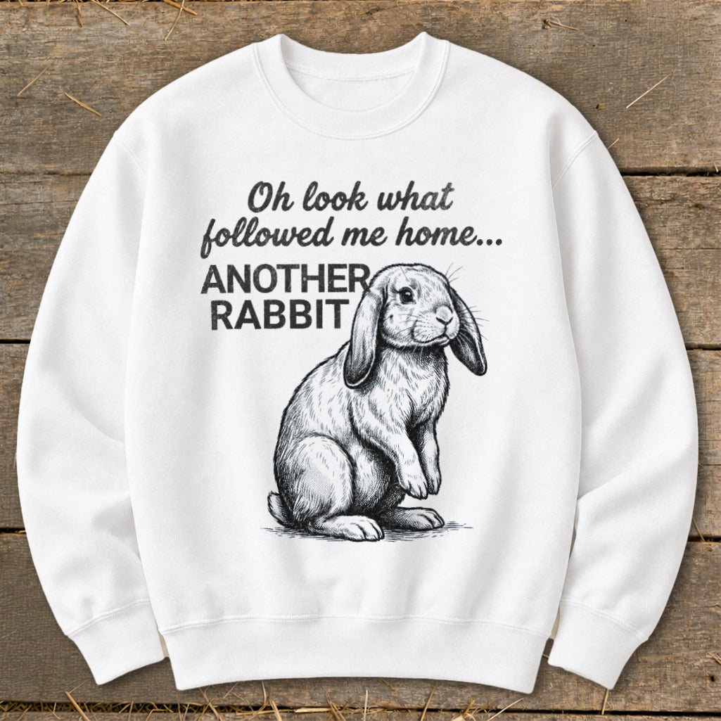 White sweatshirt with a sketch of a rabbit and text saying "Oh look what followed me home... ANOTHER RABBIT".