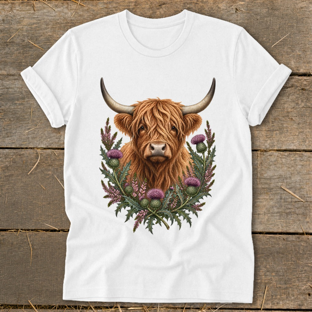 White t-shirt with a Highland cow and thistles graphic print.