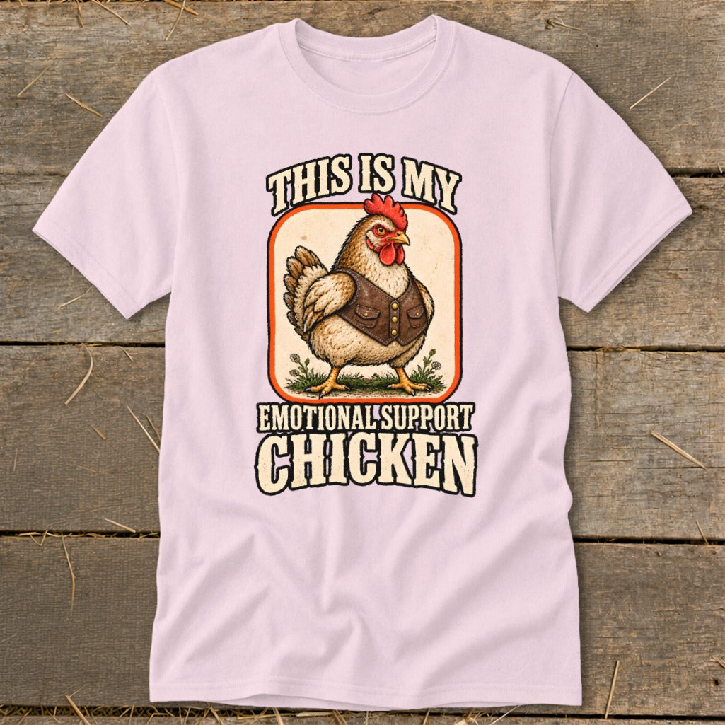 Pink t-shirt with a distressed graphic of a chicken wearing a vest and text.
