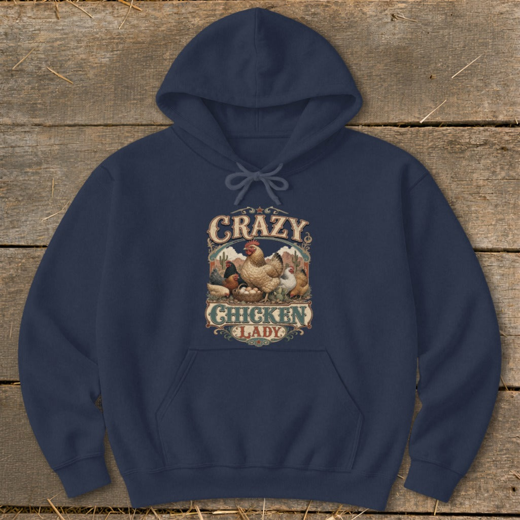 Navy hoodie with "Crazy Chicken Lady" graphic featuring chickens and eggs.