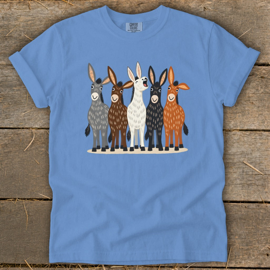 Light blue crewneck t-shirt featuring an illustration of five colorful donkeys standing in a row.