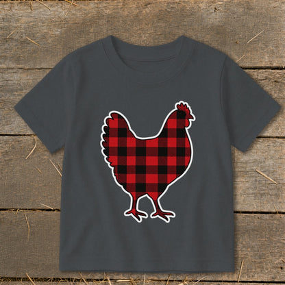 Dark grey t-shirt with a buffalo plaid chicken graphic.