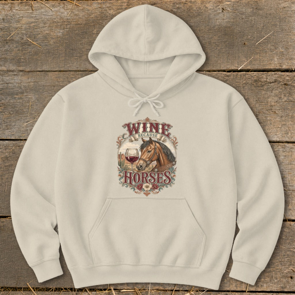 Cream hoodie with "Wine Because Horses" graphic featuring a horse head and wine glass.