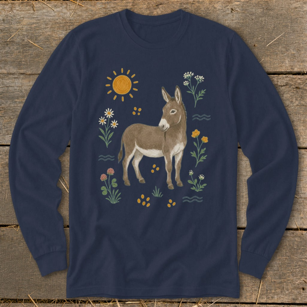 Navy long-sleeve shirt with a donkey and floral print.