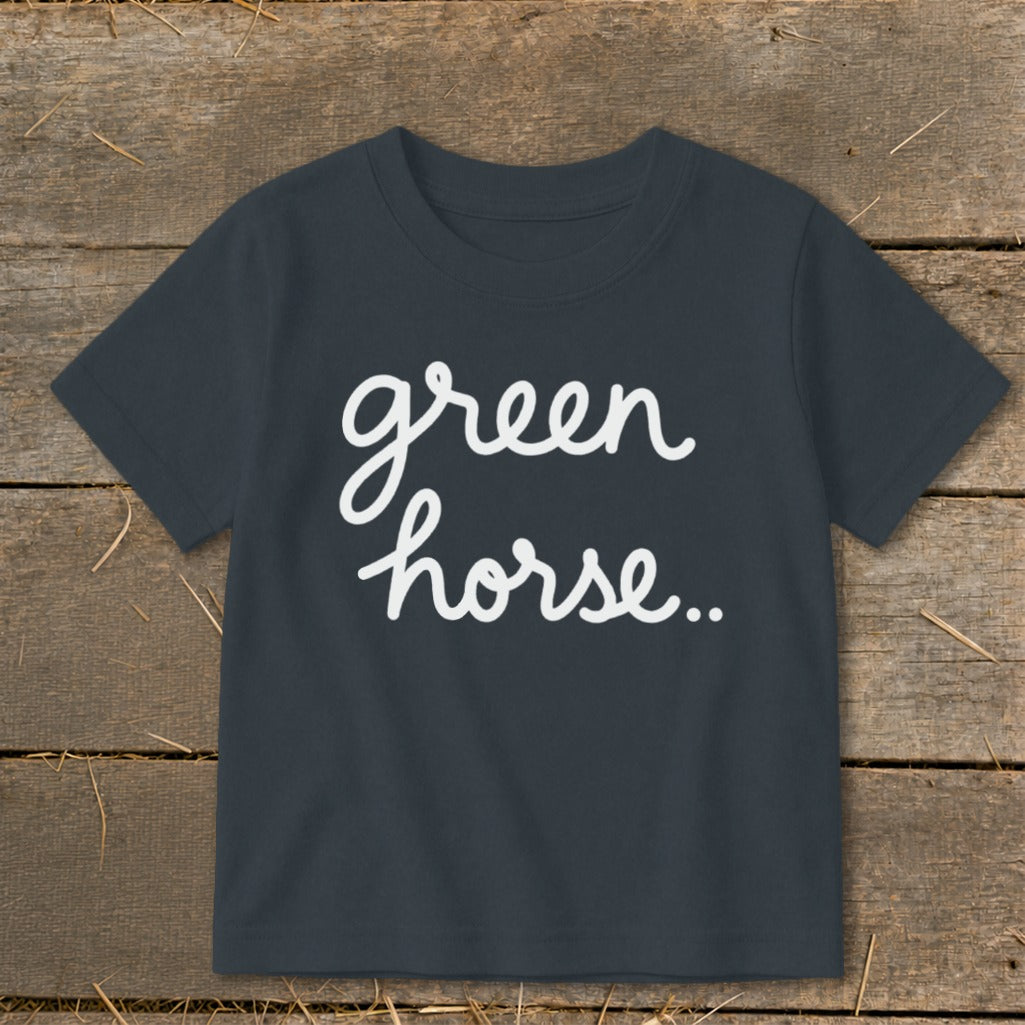 Dark grey t-shirt with white cursive text "green horse.."