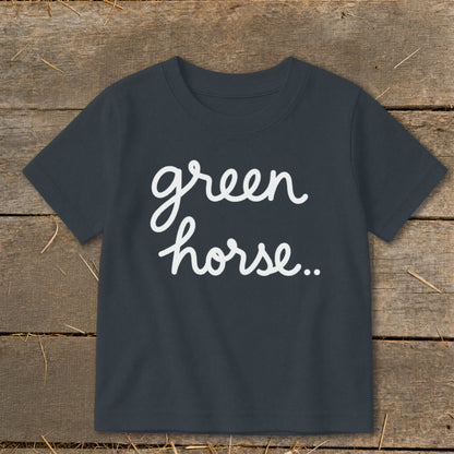 Dark grey t-shirt with white cursive text "green horse.."
