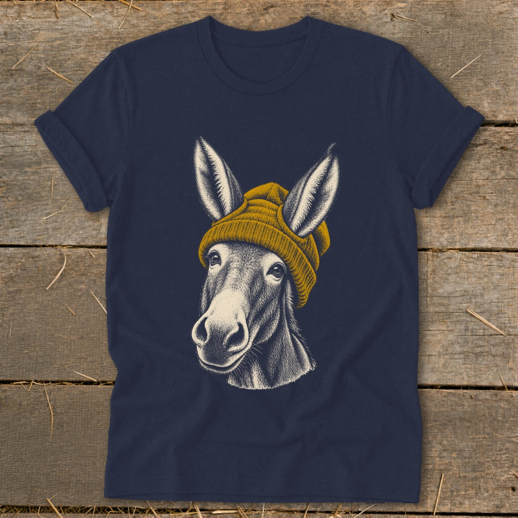 T-shirt with a charcoal drawing of a donkey wearing a yellow beanie.