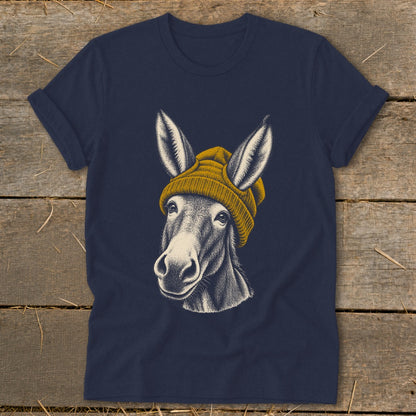 T-shirt with a charcoal drawing of a donkey wearing a yellow beanie.