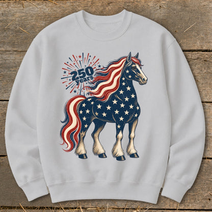 Horse with American flag pattern and "250 Years" text, celebrating independence.