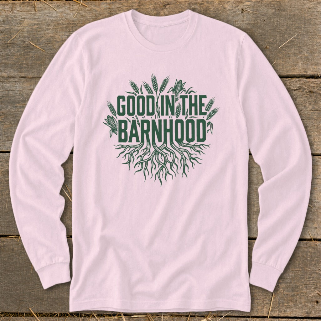 Pink long-sleeve shirt with "GOOD IN THE BARNHHOOD" text and agricultural graphics.