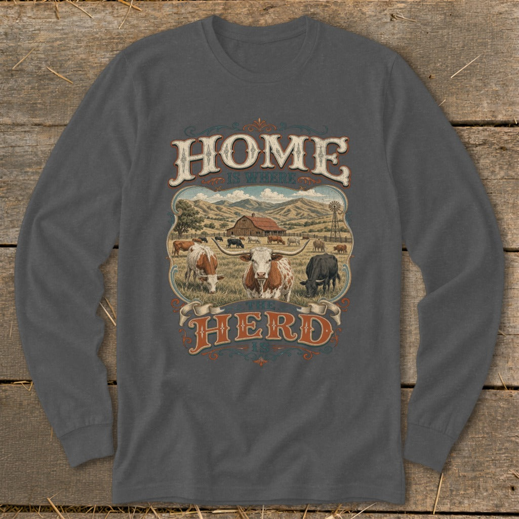 Long sleeve shirt with "Home Is Where The Herd Is" design and farm scene.