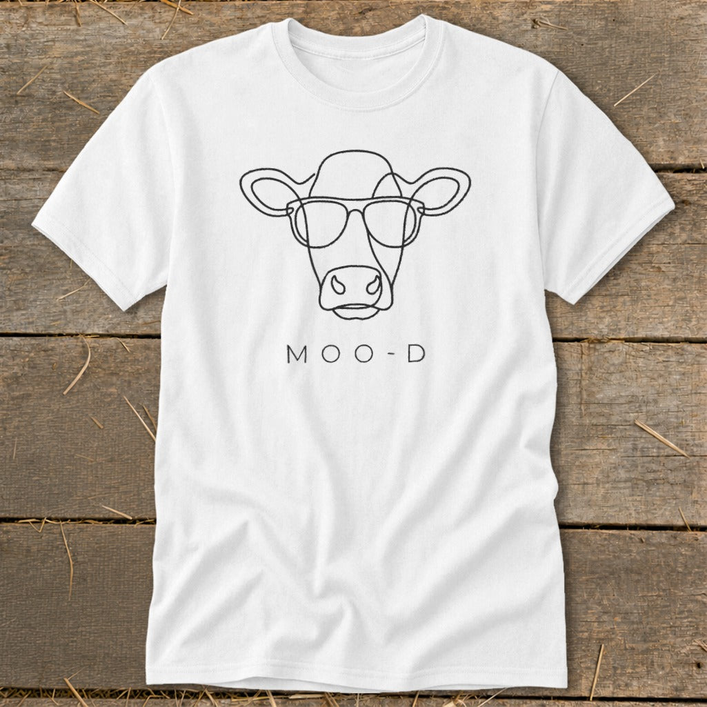 White t-shirt with minimalist line art cow wearing glasses and the text "MOO-D".