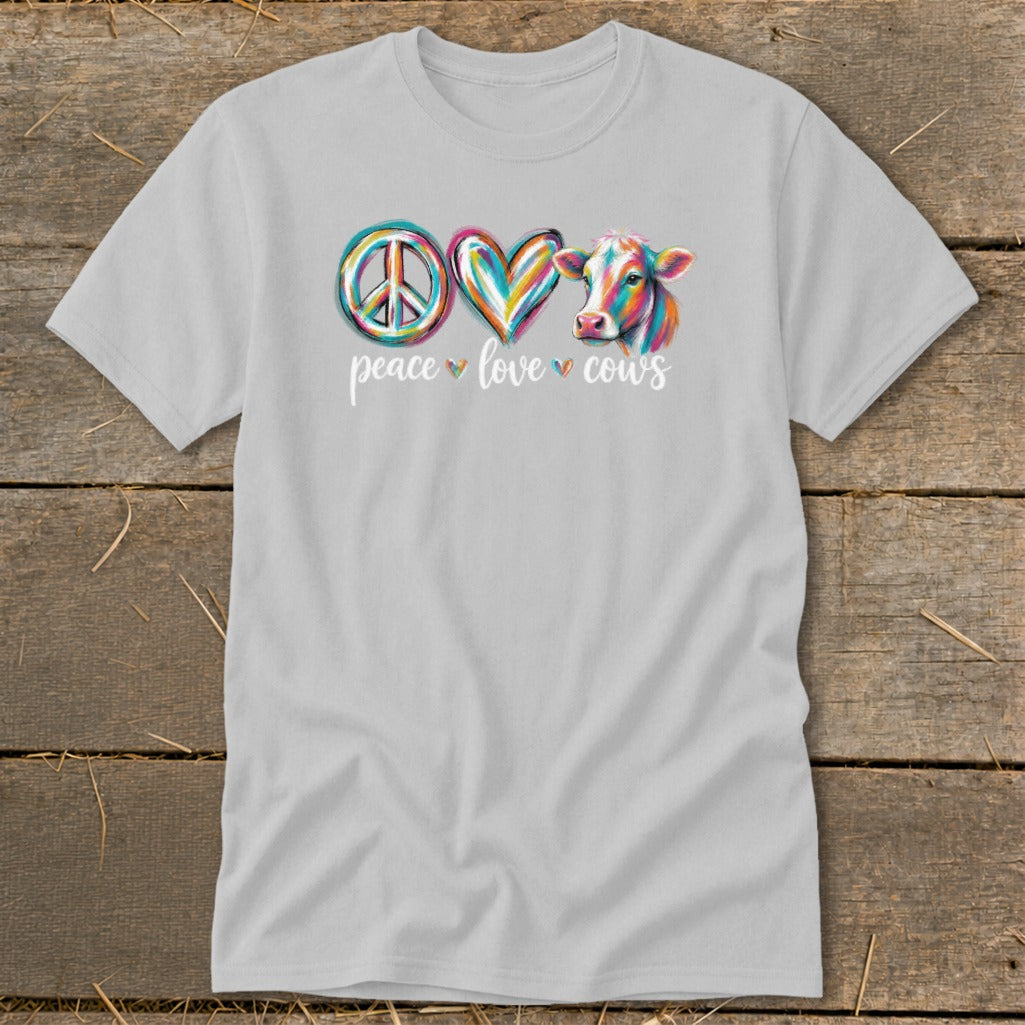 Peace, Love, Cows graphic with colorful cow, heart, and peace sign on gray t-shirt.