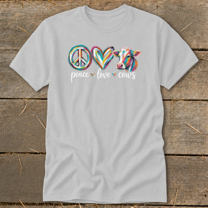 Peace, Love, Cows graphic with colorful cow, heart, and peace sign on gray t-shirt.
