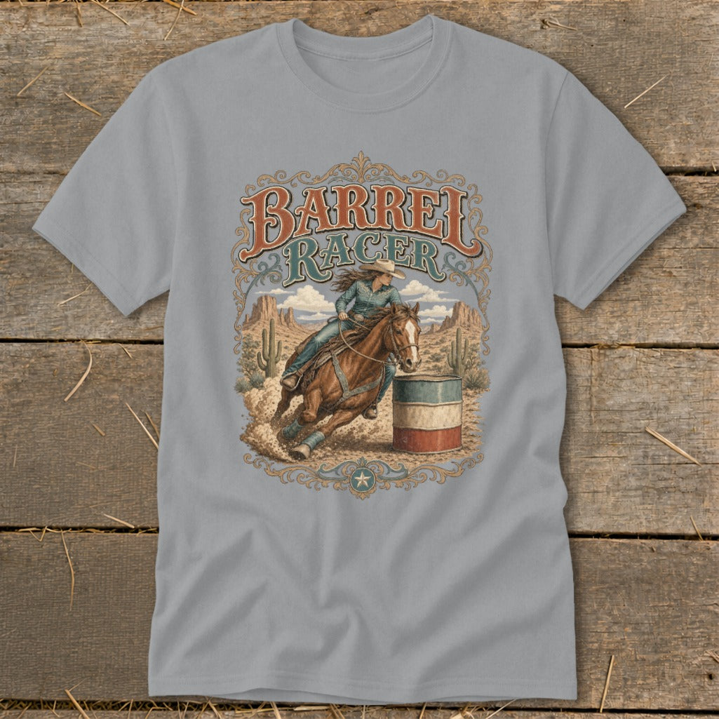 Barrel racer on horseback rounding a barrel in a desert landscape with "Barrel Racer" text.