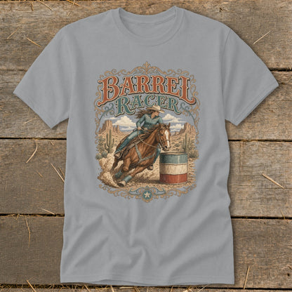 Barrel racer on horseback rounding a barrel in a desert landscape with "Barrel Racer" text.