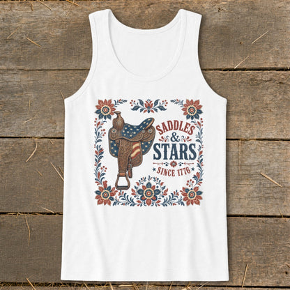 White tank top with a Western saddle and "Saddles & Stars Since 1776" text.