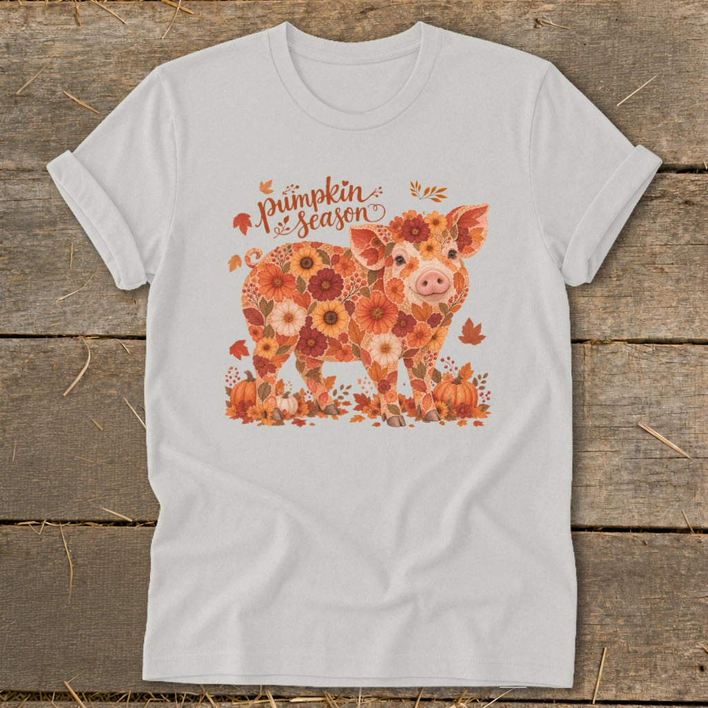 White t-shirt with a floral pig and "Pumpkin season" text.