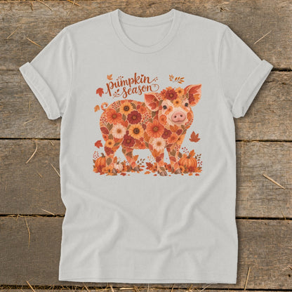 White t-shirt with a floral pig and "Pumpkin season" text.