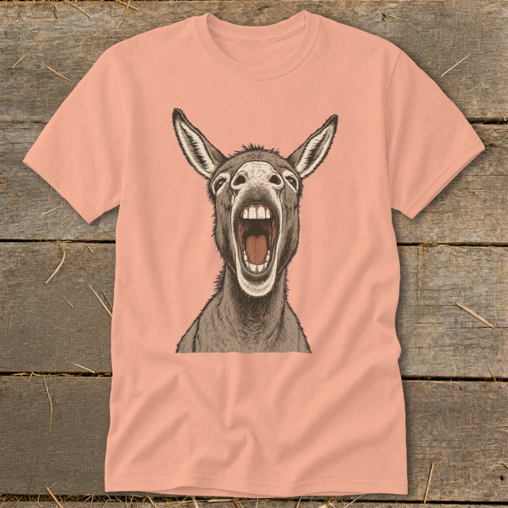 Peach t-shirt with a detailed illustration of a donkey with its mouth wide open.