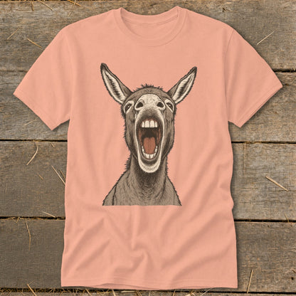Peach t-shirt with a detailed illustration of a donkey with its mouth wide open.