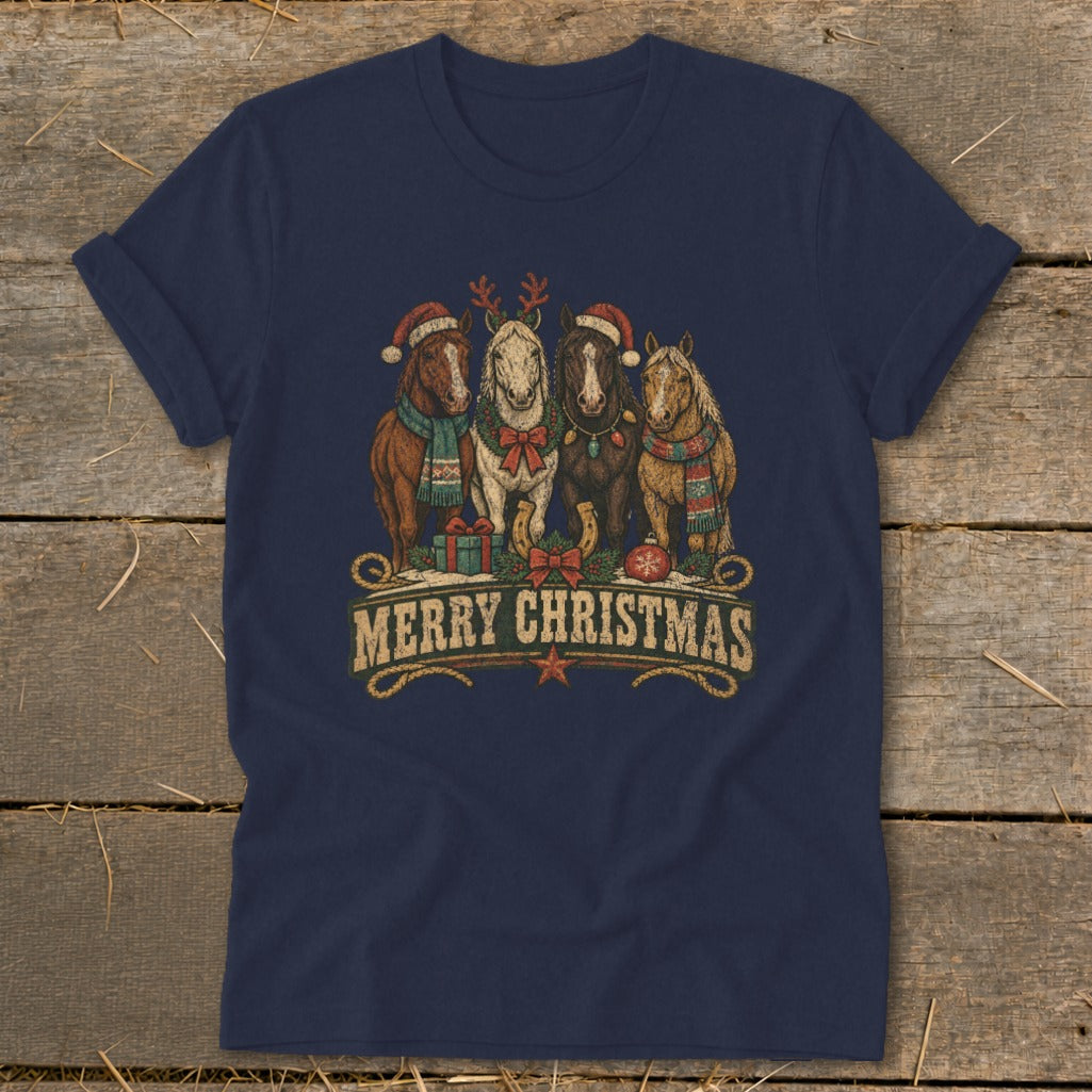 Four horses wearing festive hats and scarves with "Merry Christmas" text.