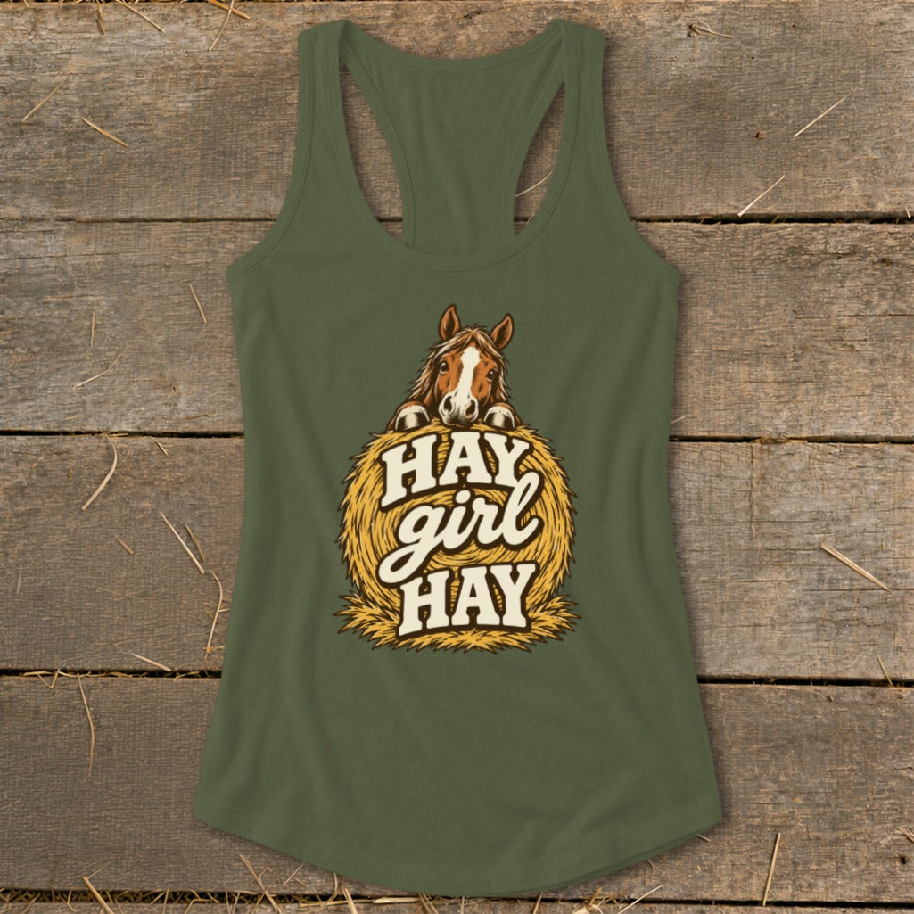 Green tank top with horse graphic and text "Hay Girl Hay".