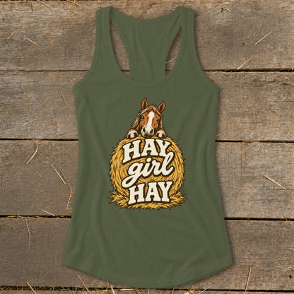Green tank top with horse graphic and text "Hay Girl Hay".