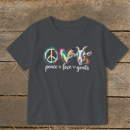 Dark gray t-shirt with colorful peace sign, heart, and goat graphic and text.