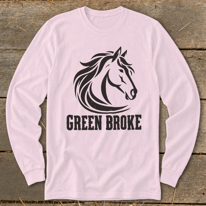 Light pink long-sleeve t-shirt with a black graphic of a horse head and the text GREEN BROKE.