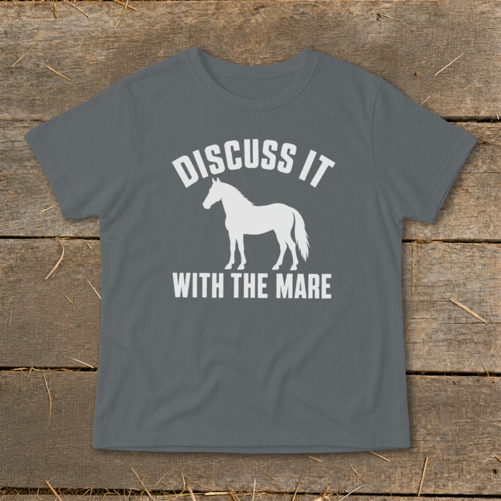 Dark grey t-shirt with white text and horse graphic that reads "Discuss It With The Mare".