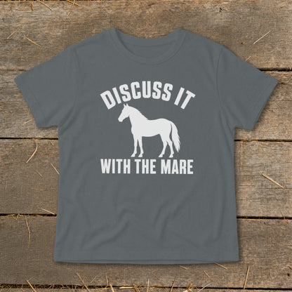 Dark grey t-shirt with white text and horse graphic that reads "Discuss It With The Mare".
