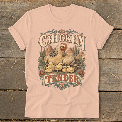 Chicken Tender graphic with hen, chicks, desert landscape, and decorative text.